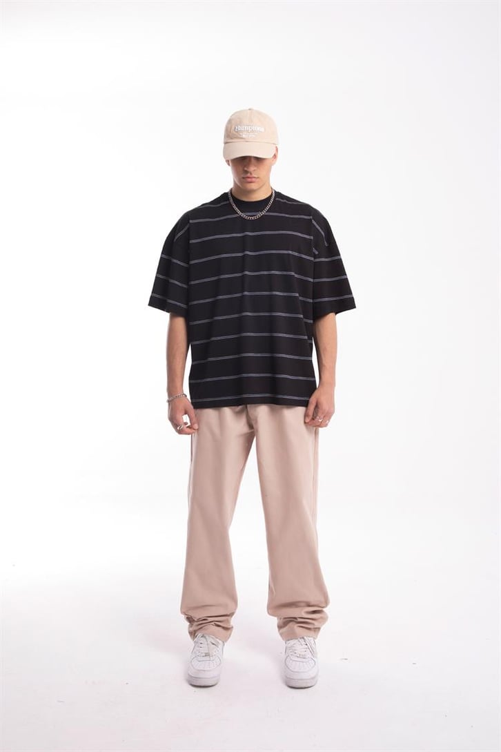 Flaw Atelier Çizgili Siyah Oversize Tshirt