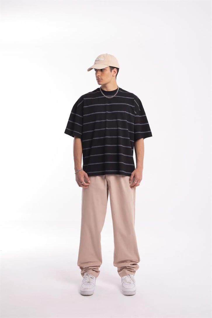Flaw Atelier Çizgili Siyah Oversize Tshirt