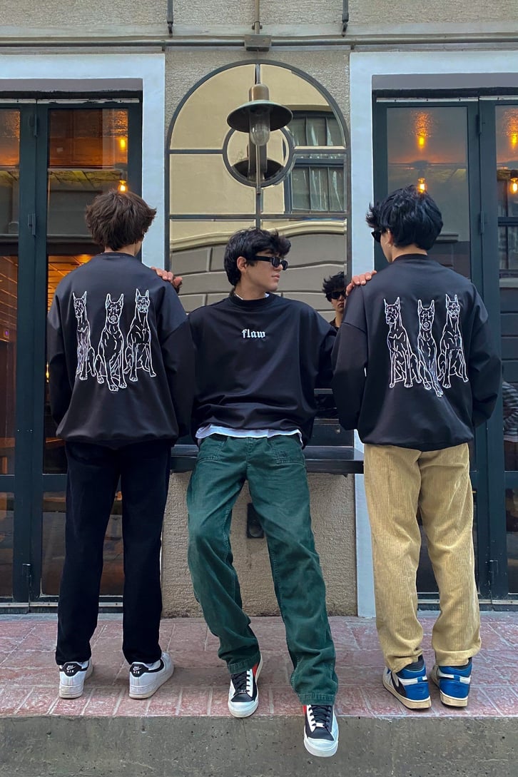 Flaw Atelier Doggy Printed Oversize Premium Siyah Sweatshirt