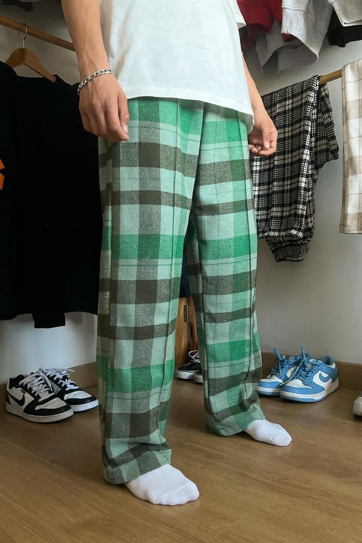 Flaw Atelier Ekose Kalın Kumaş Açık Yeşil İçi Pamuklu  Pijama Eşofman