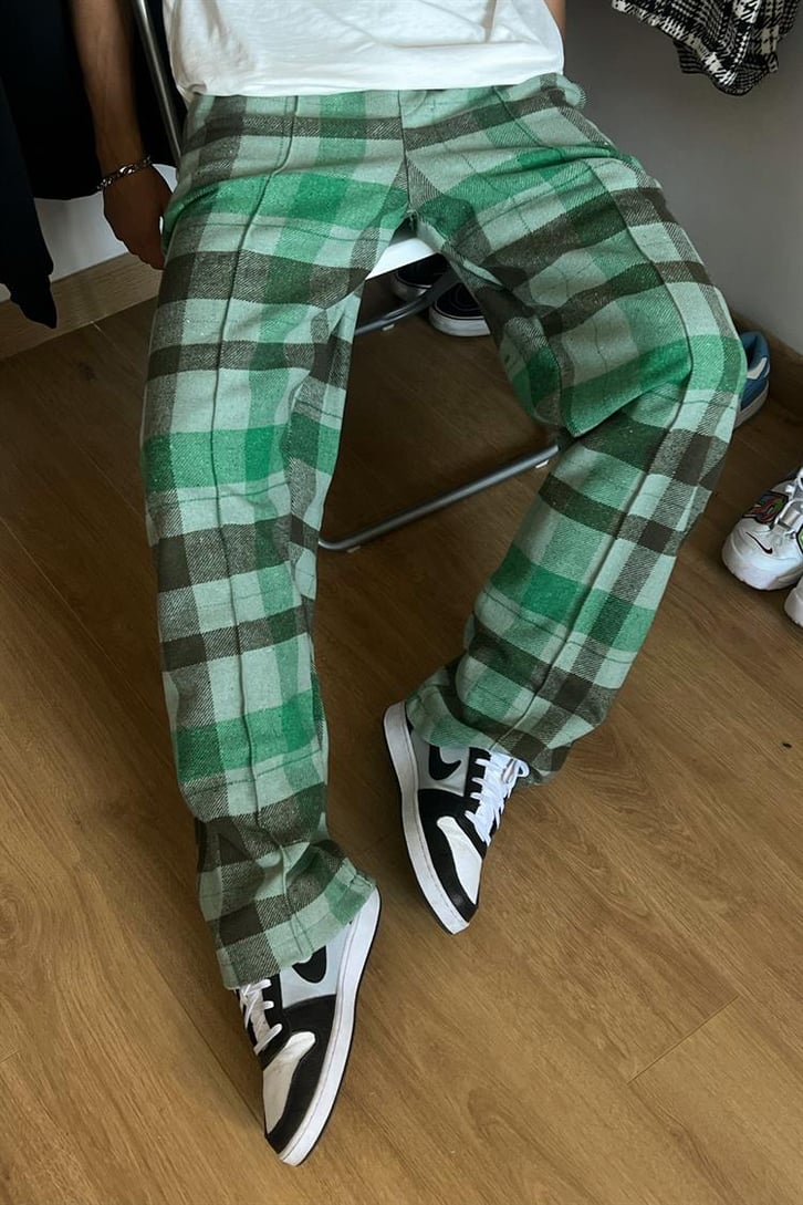 Flaw Atelier Ekose Kalın Kumaş Açık Yeşil İçi Pamuklu  Pijama Eşofman