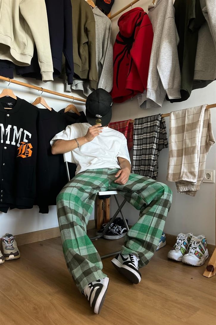 Flaw Atelier Ekose Kalın Kumaş Açık Yeşil İçi Pamuklu  Pijama Eşofman