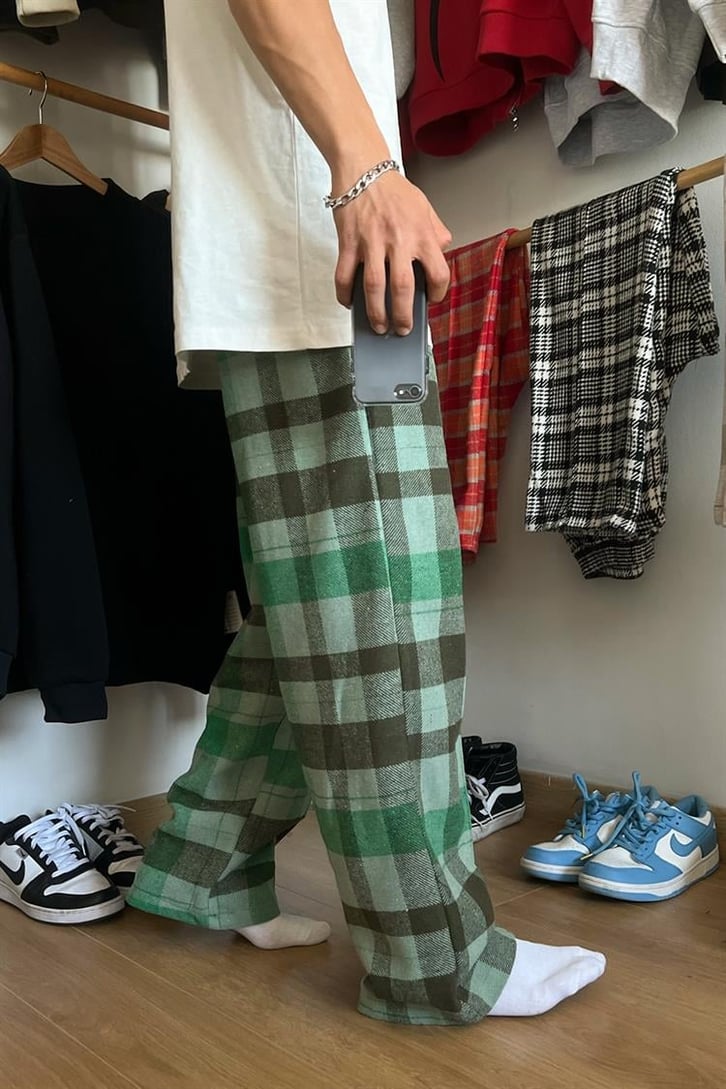 Flaw Atelier Ekose Kalın Kumaş Açık Yeşil İçi Pamuklu  Pijama Eşofman