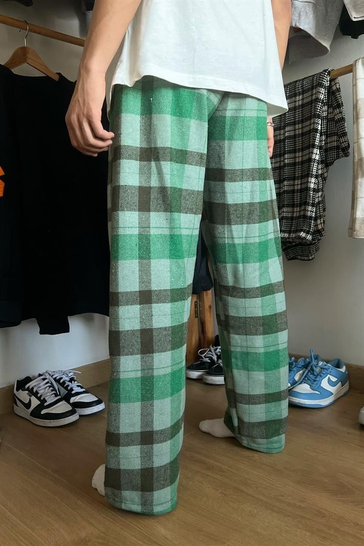Flaw Atelier Ekose Kalın Kumaş Açık Yeşil İçi Pamuklu  Pijama Eşofman