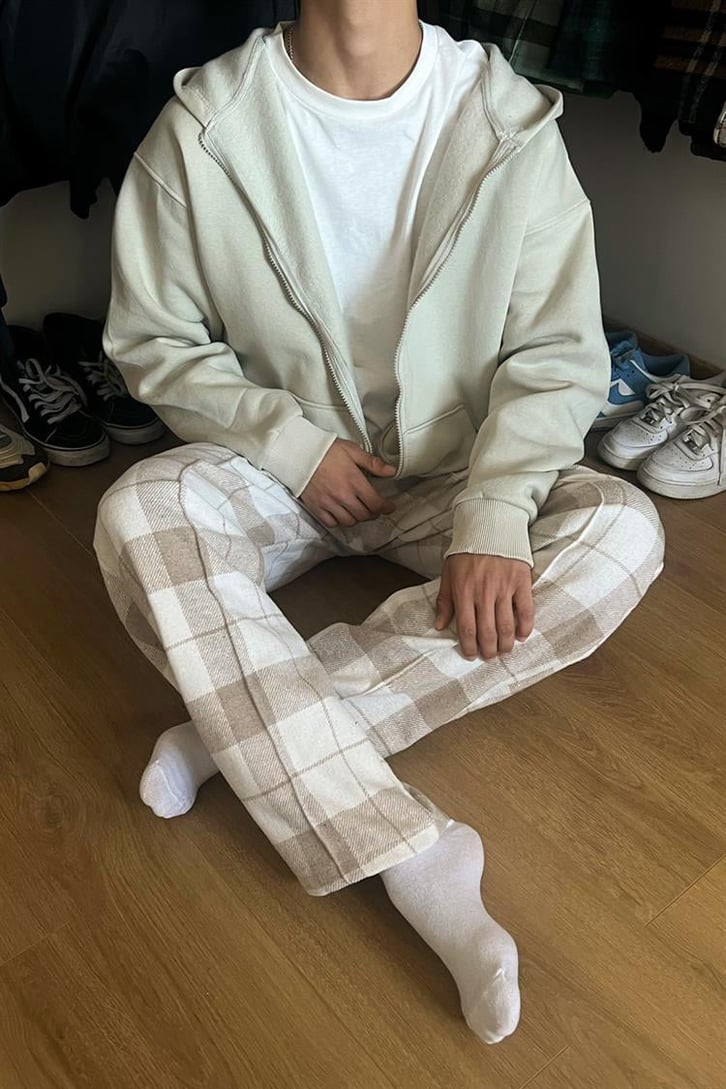 Flaw Atelier Ekose Kalın Kumaş Bej Pijama Eşofman