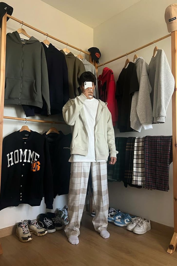 Flaw Atelier Ekose Kalın Kumaş Bej Pijama Eşofman