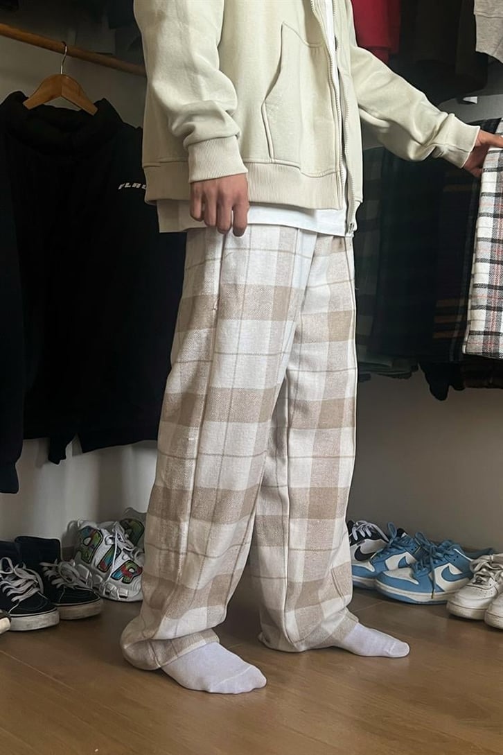 Flaw Atelier Ekose Kalın Kumaş Bej Pijama Eşofman
