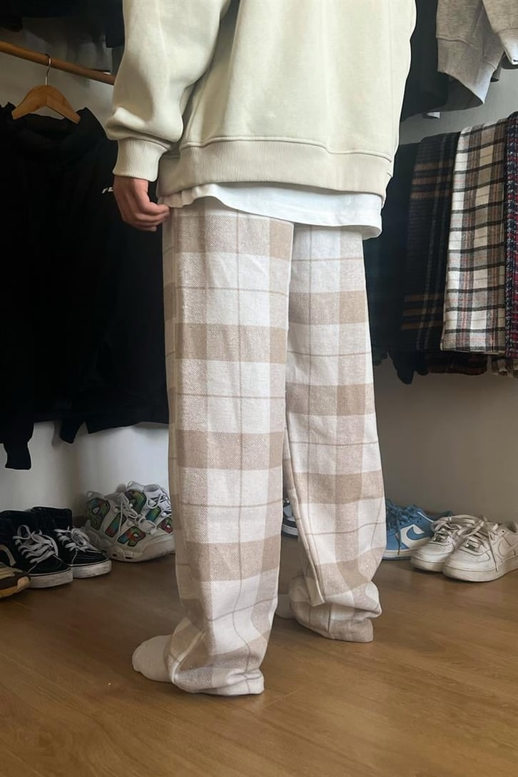 Flaw Atelier Ekose Kalın Kumaş Bej Pijama Eşofman