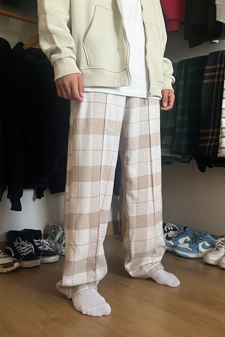Flaw Atelier Ekose Kalın Kumaş Bej Pijama Eşofman
