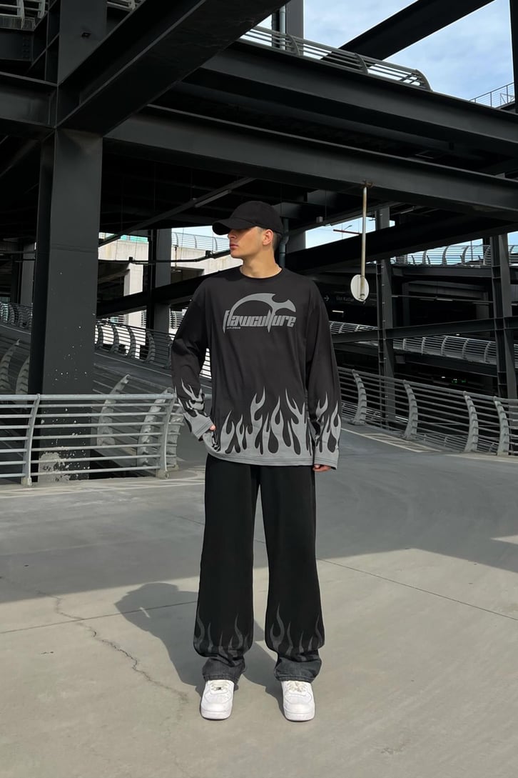 Flaw Atelier Flame Laser Siyah Baggy Jean