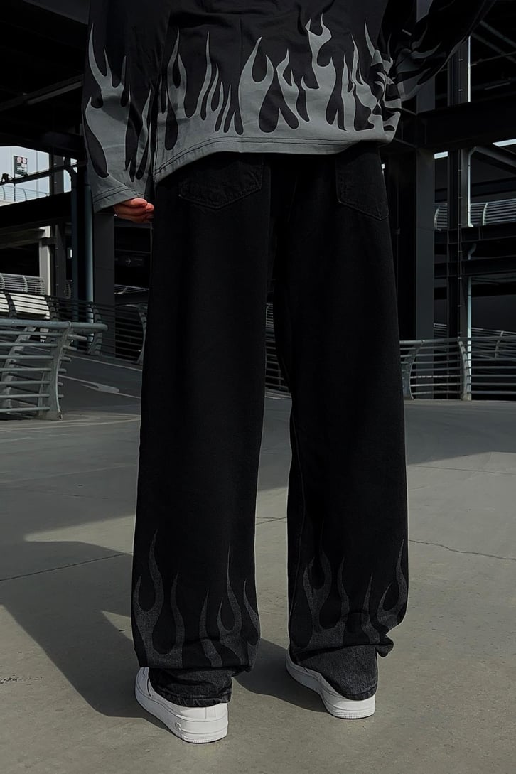 Flaw Atelier Flame Laser Siyah Baggy Jean