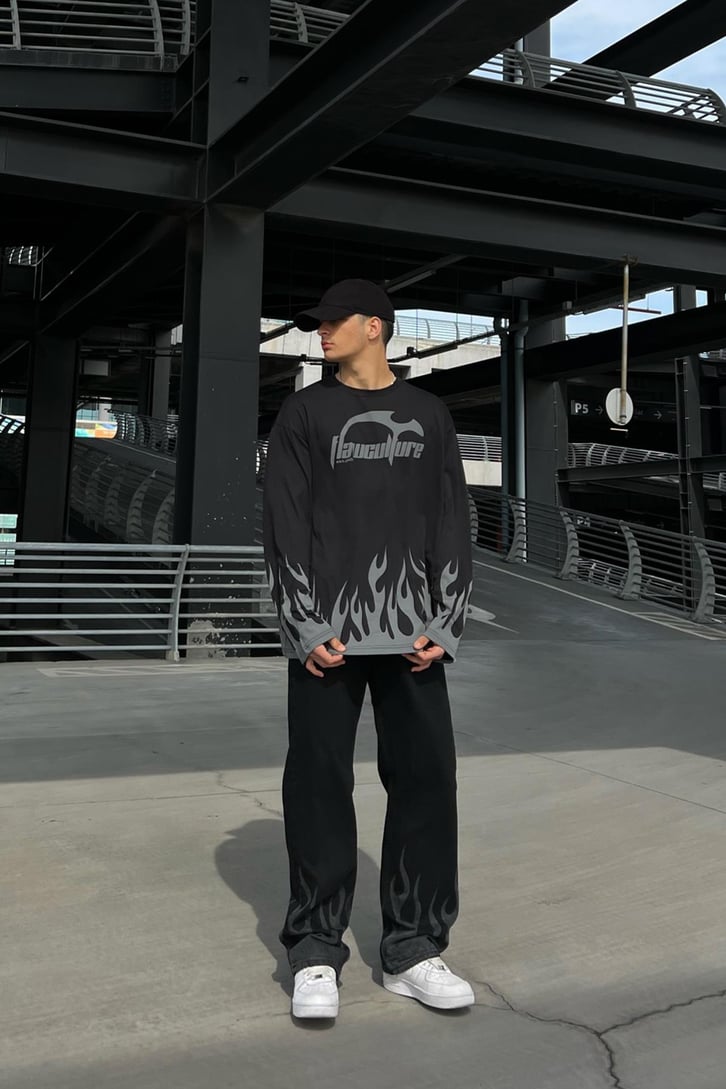 Flaw Atelier Flame Laser Siyah Baggy Jean