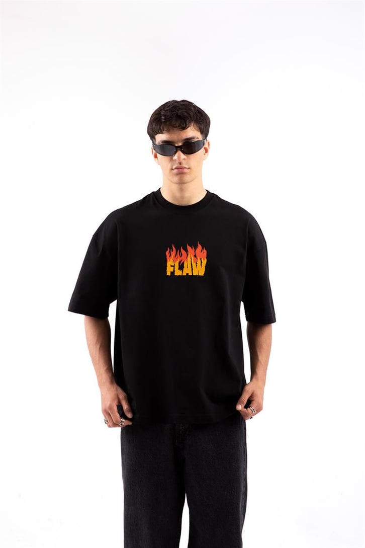 Flaw Atelier Flame Logo Siyah Oversize Tshirt