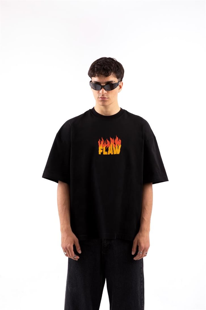 Flaw Atelier Flame Logo Siyah Oversize Tshirt