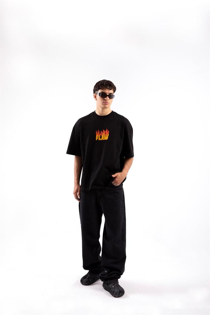 Flaw Atelier Flame Logo Siyah Oversize Tshirt
