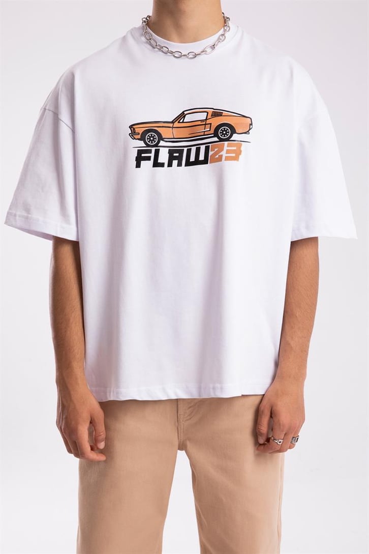 Flaw Atelier Flaw 23 Retro Car Printed Beyaz Oversize Tshirt