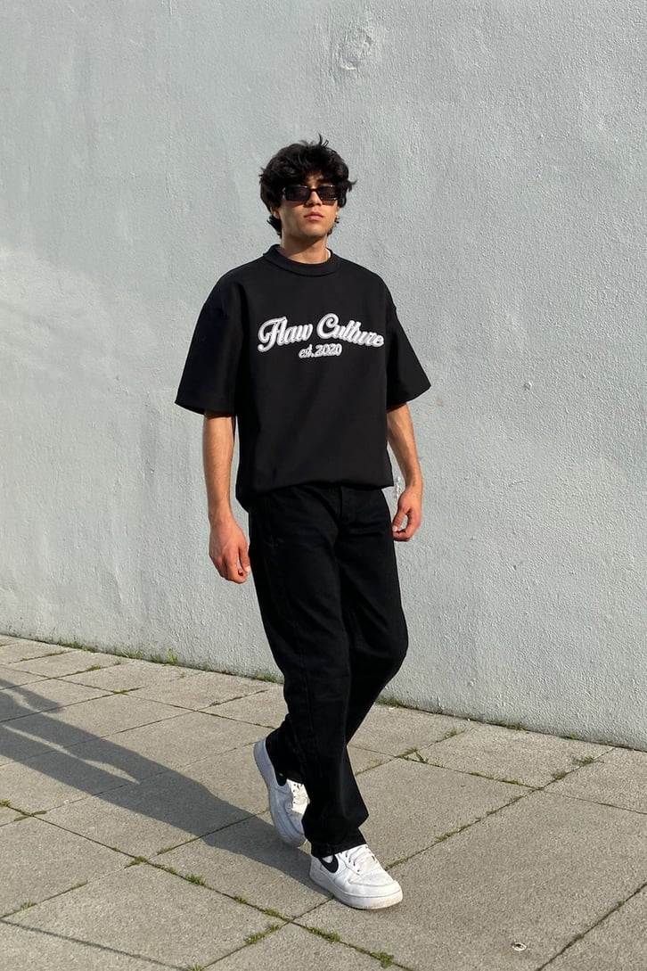 Flaw Atelier Flaw Culture Nakışlı Black Oversize Tee