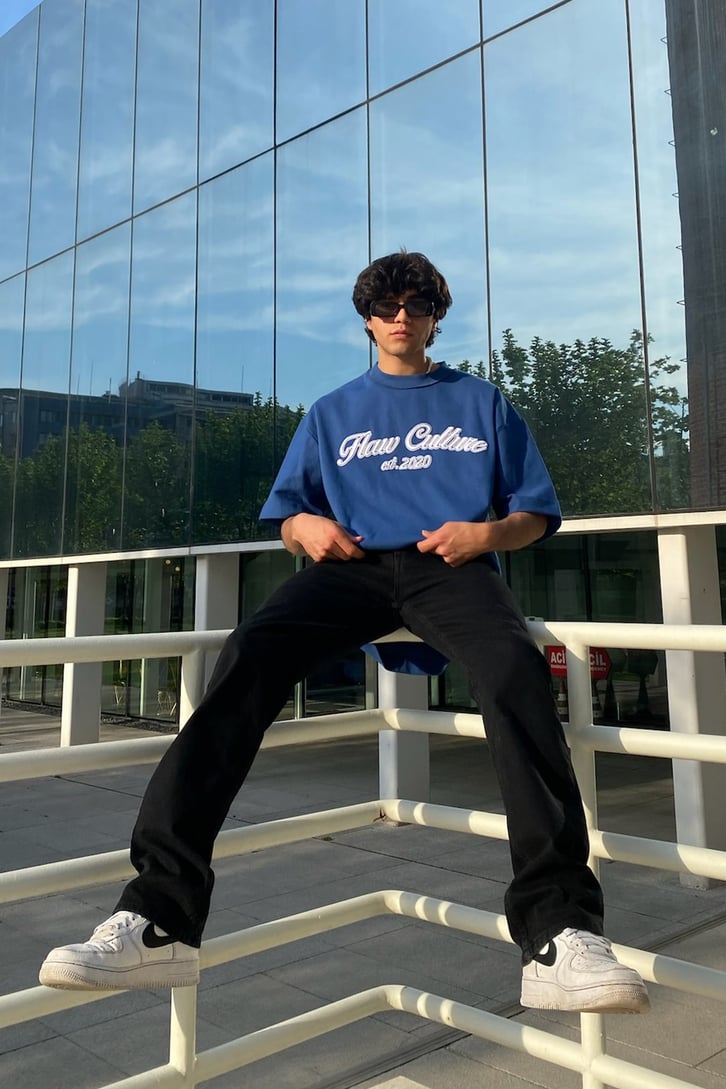 Flaw Atelier Flaw Culture Nakışlı Navy Blue Oversize Tee