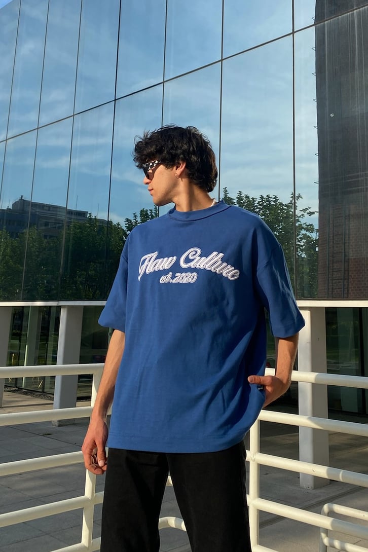 Flaw Atelier Flaw Culture Nakışlı Navy Blue Oversize Tee