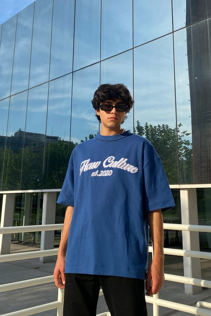 Flaw Atelier Flaw Culture Nakışlı Navy Blue Oversize Tee