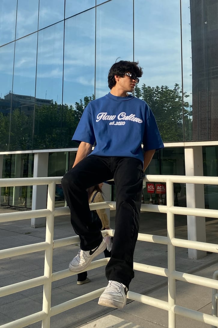 Flaw Atelier Flaw Culture Nakışlı Navy Blue Oversize Tee