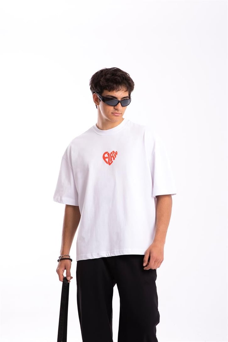 Flaw Atelier Flaw Heart Printed Beyaz Oversize Tişört