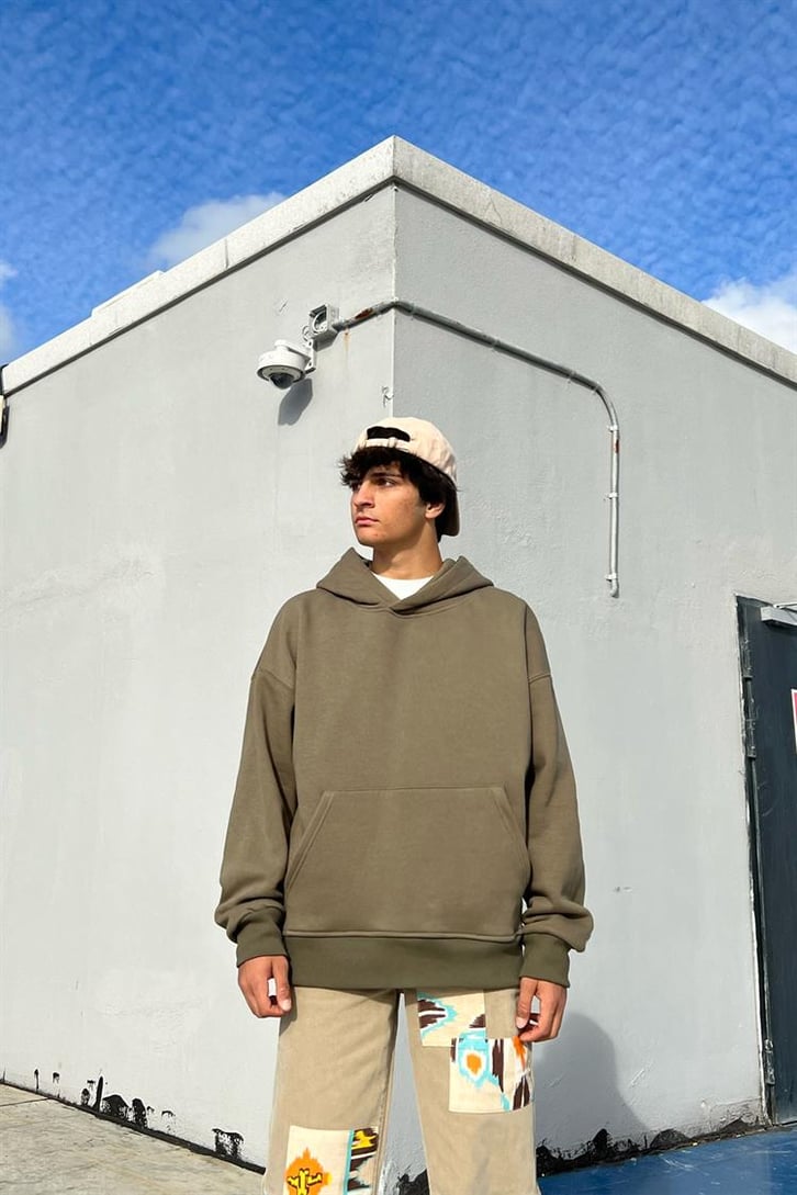 Flaw Atelier Flaw Kol Nakışlı Haki Oversize Hoodie