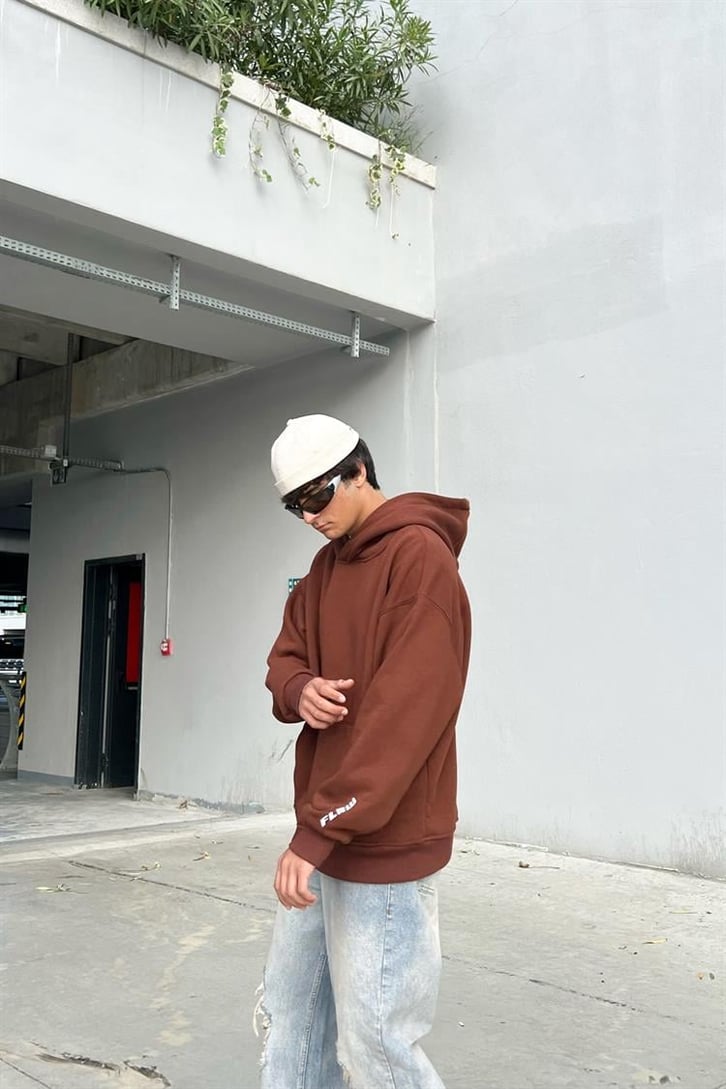 Flaw Atelier Flaw Kol Nakışlı Kahverengi Oversize Hoodie