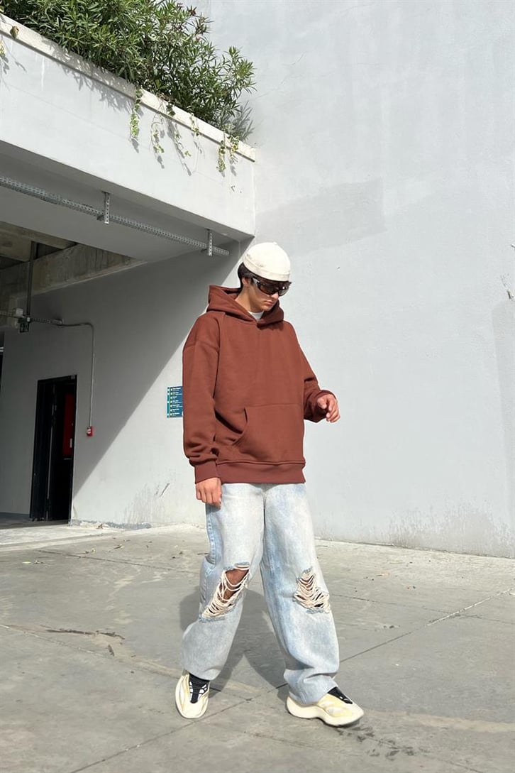Flaw Atelier Flaw Kol Nakışlı Kahverengi Oversize Hoodie