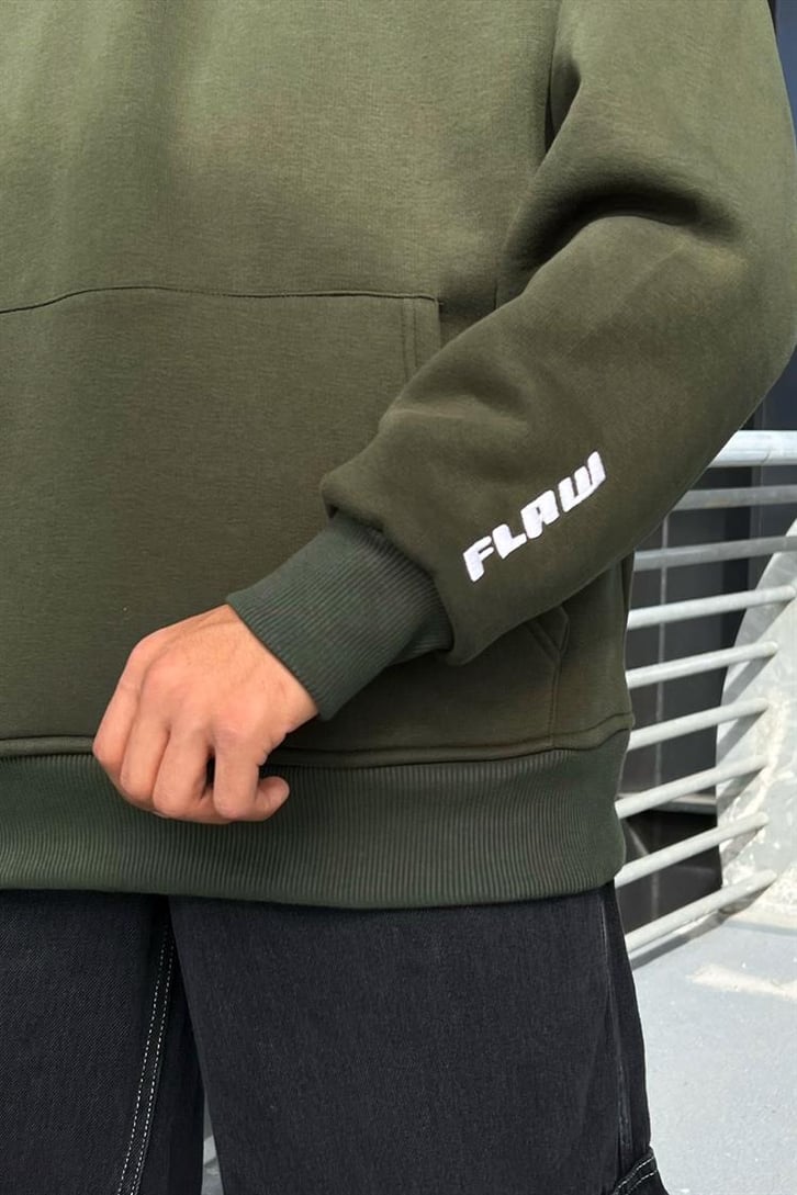 Flaw Atelier Flaw Kol Nakışlı Koyu Haki Oversize Hoodie