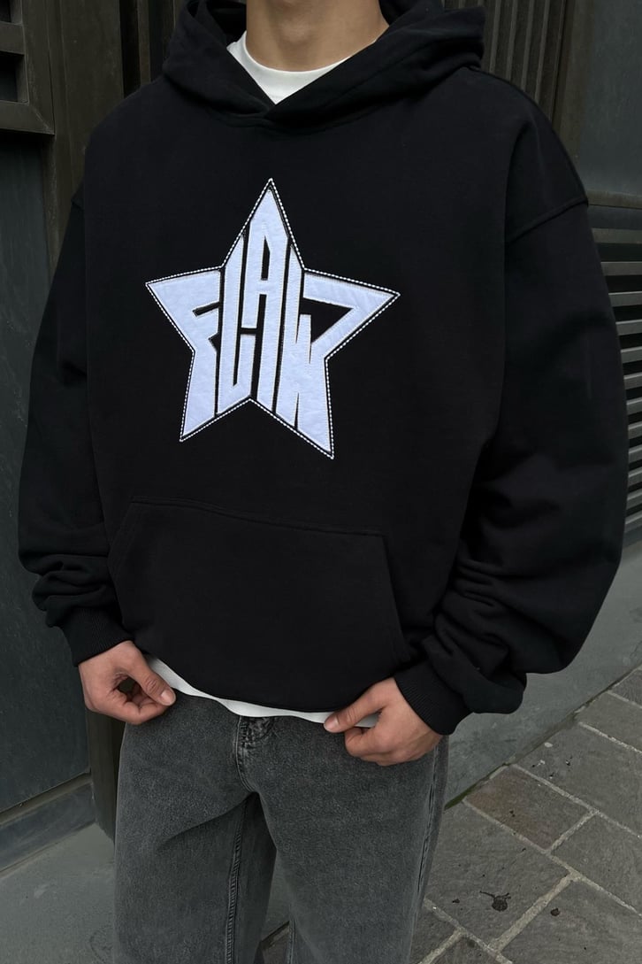 Flaw Atelier Flaw Star Naskışlı Siyah Oversize Hoodie