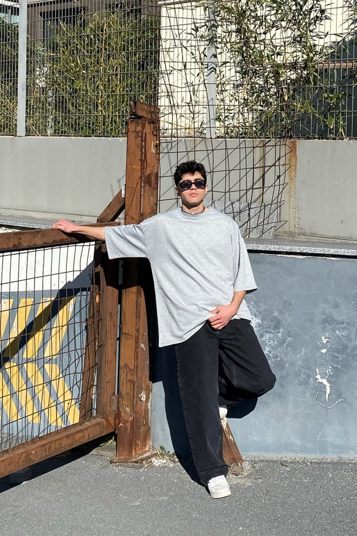 Flaw Atelier Gri Melanj Oversize Basic Premium Tee