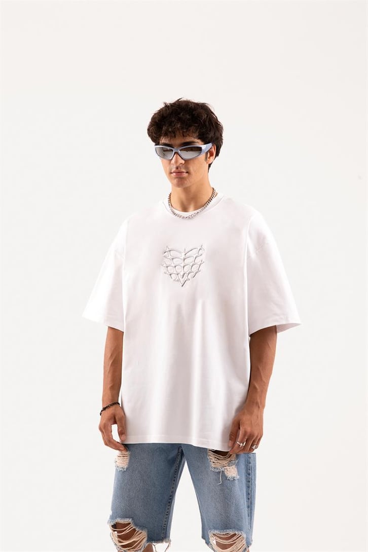 Flaw Atelier Heart Hologram Puff Print Beyaz Oversize Tişört
