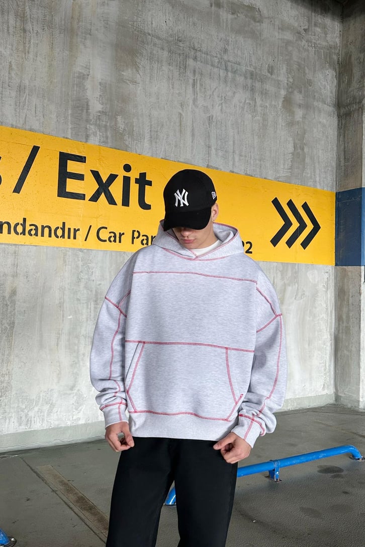 Flaw Atelier Kontrast Dikişli Gri Oversize Hoodie