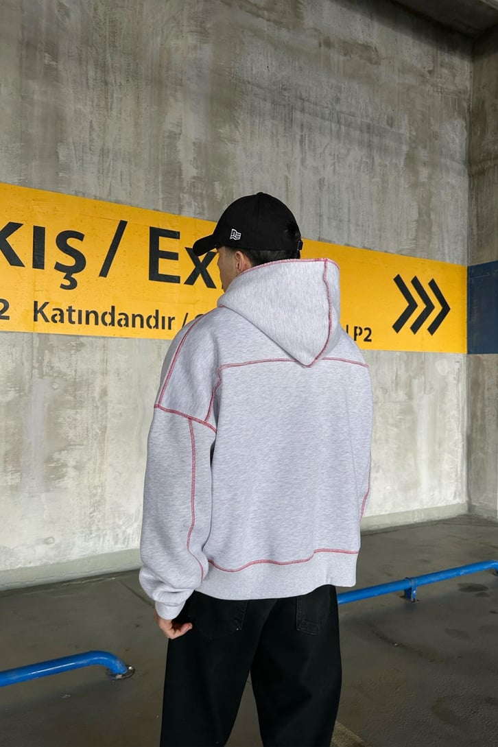 Flaw Atelier Kontrast Dikişli Gri Oversize Hoodie