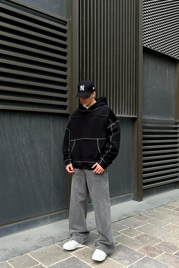 Flaw Atelier Kontrast Dikişli Siyah Oversize Hoodie