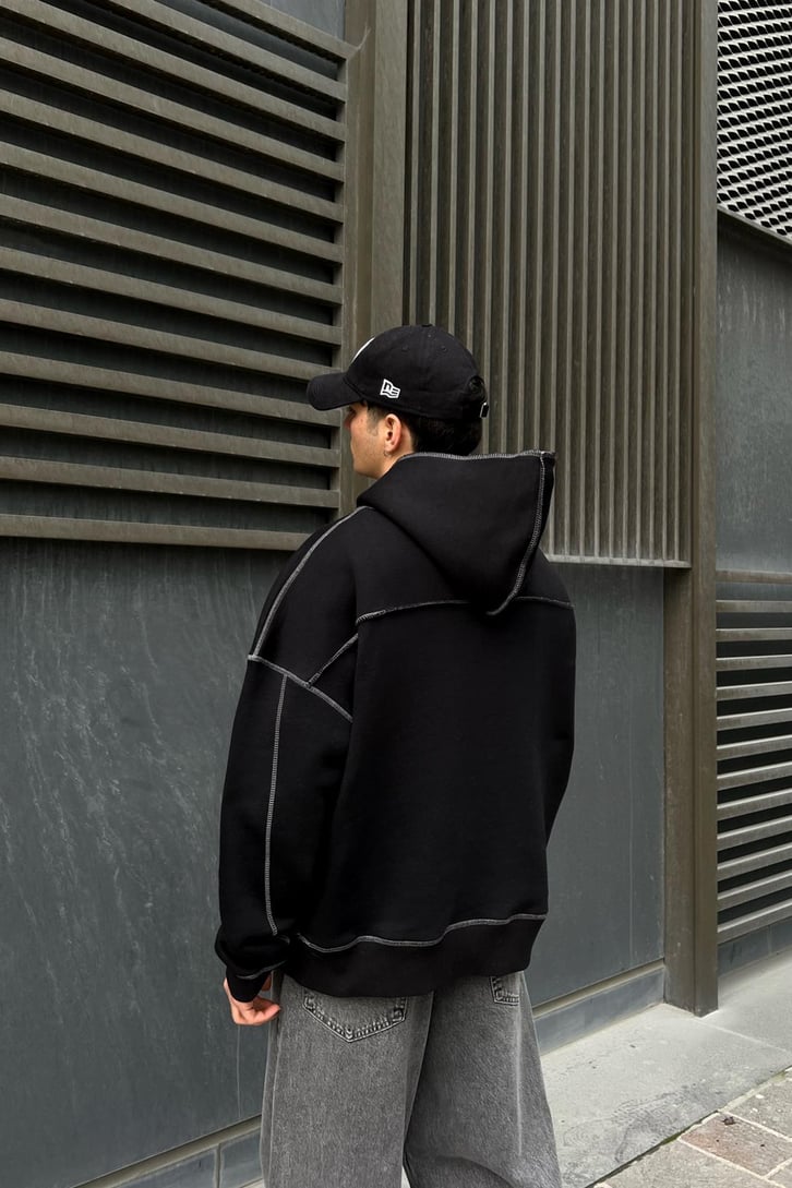 Flaw Atelier Kontrast Dikişli Siyah Oversize Hoodie