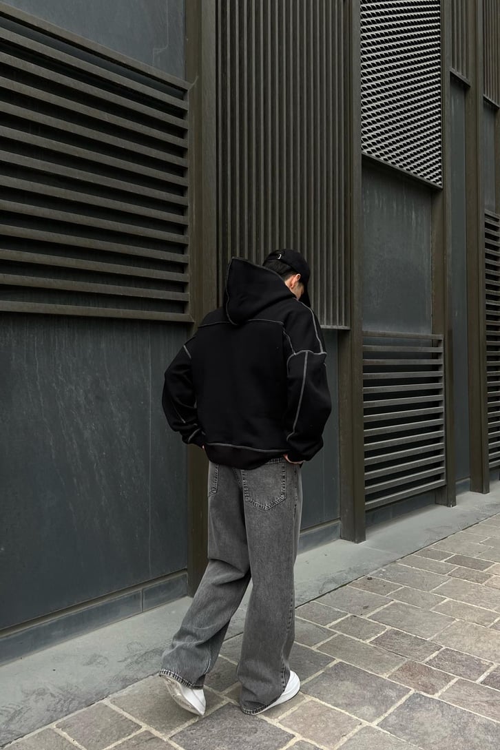 Flaw Atelier Kontrast Dikişli Siyah Oversize Hoodie