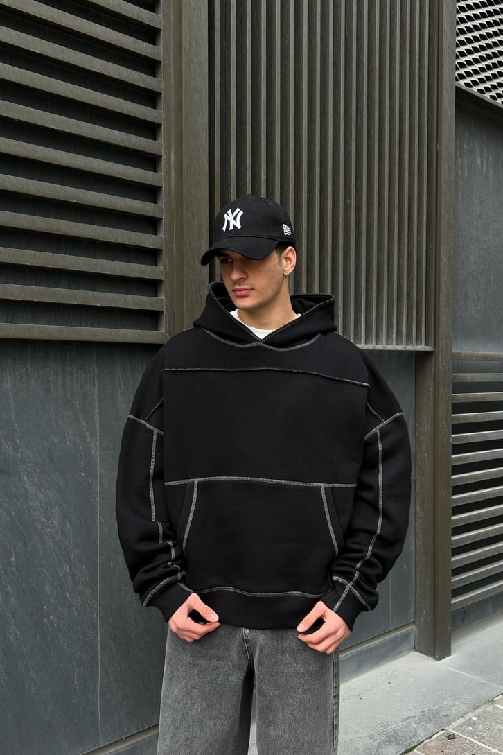 Flaw Atelier Kontrast Dikişli Siyah Oversize Hoodie