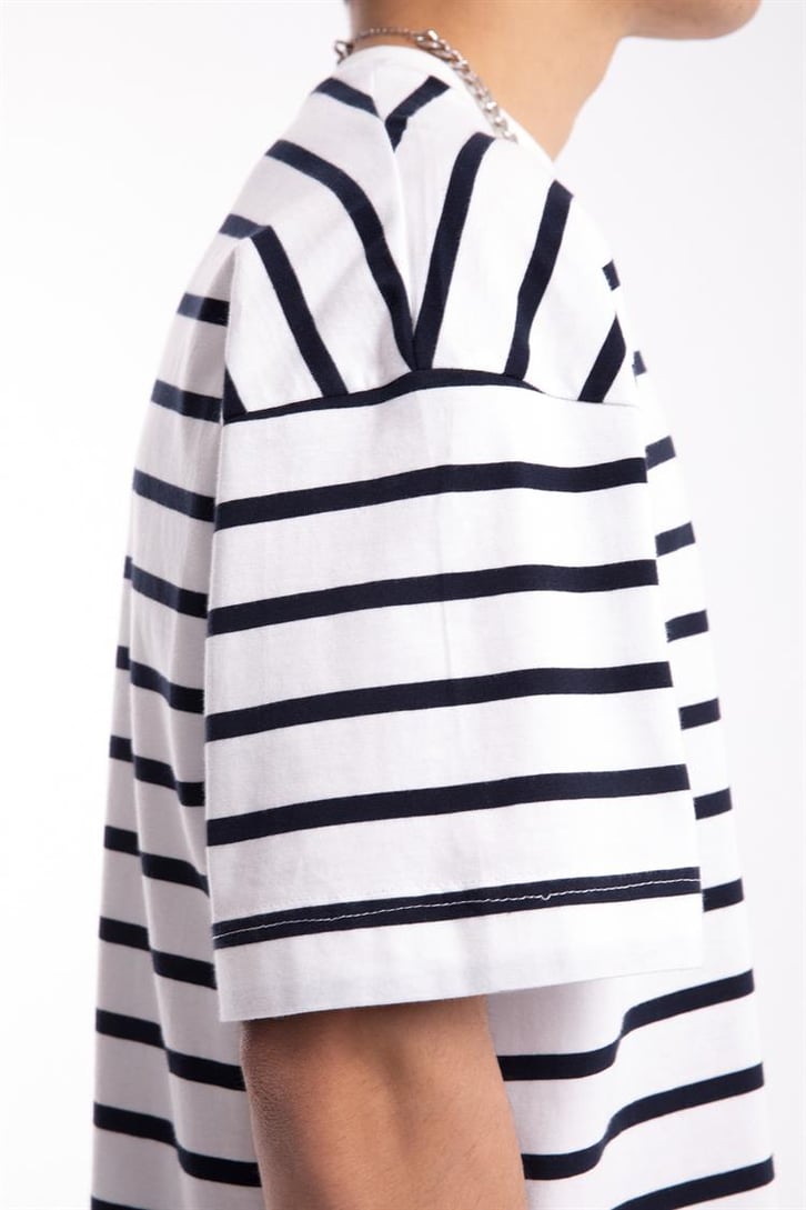 Flaw Atelier Lacivert Çizgili Beyaz Oversize Tshirt