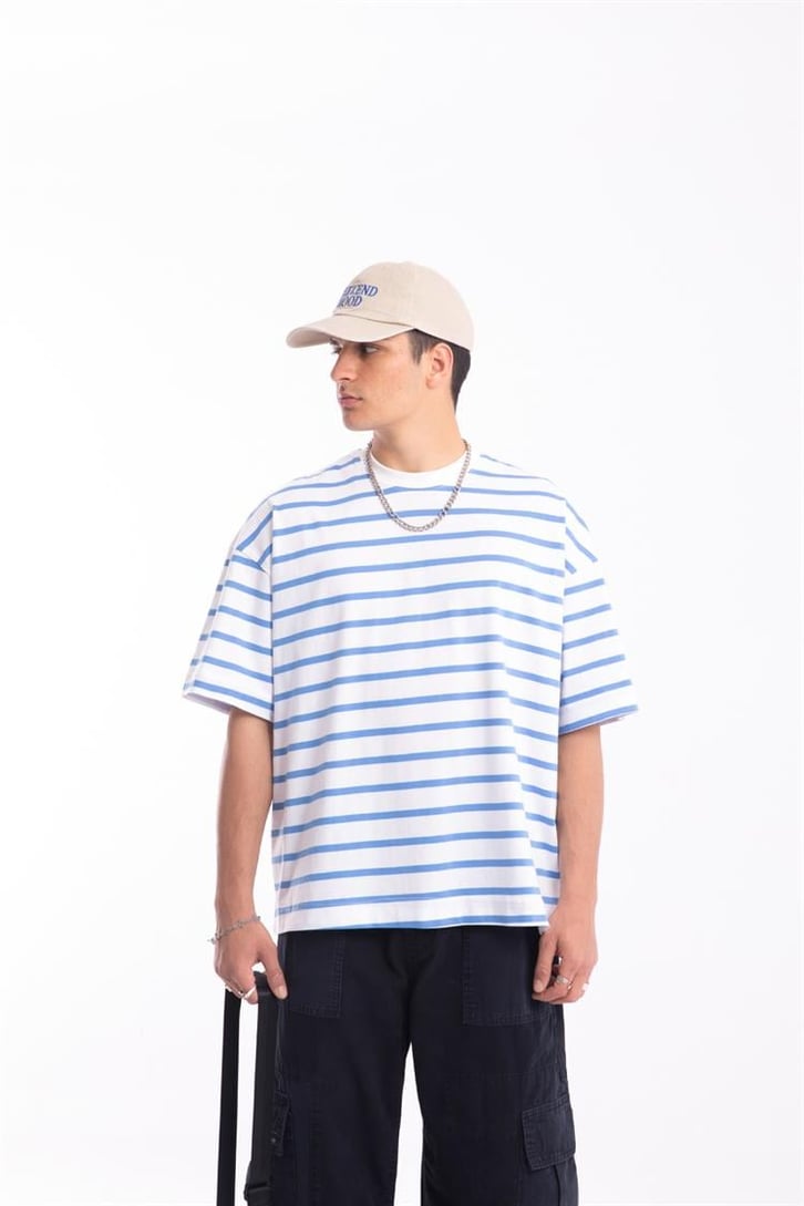 Flaw Atelier Mavi Çizgili Beyaz Oversize Tshirt 