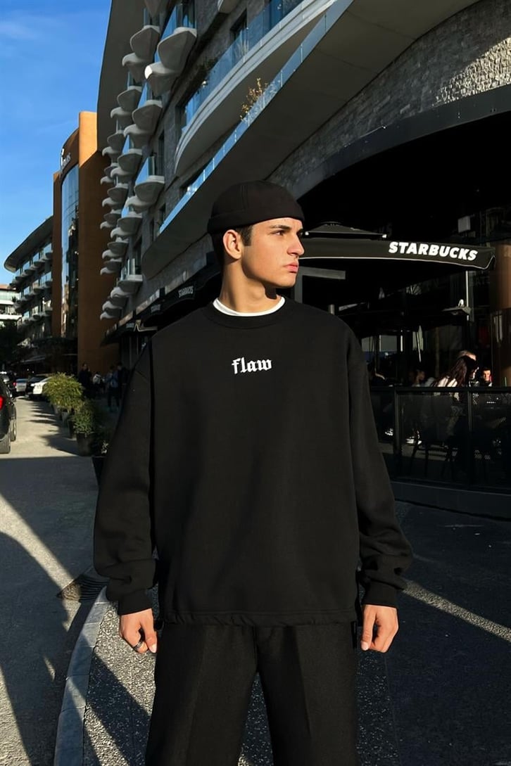 Flaw Atelier Nakışlı Bel Lastkli Siyah Oversize Sweatshirt