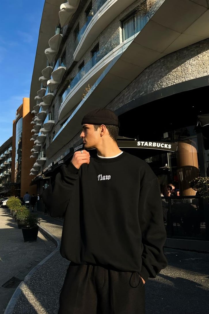 Flaw Atelier Nakışlı Bel Lastkli Siyah Oversize Sweatshirt