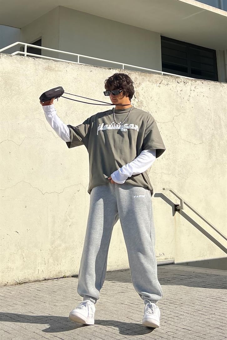 Flaw Atelier Nakışlı Gri İçi Pamuklu Jogger Eşofman Altı