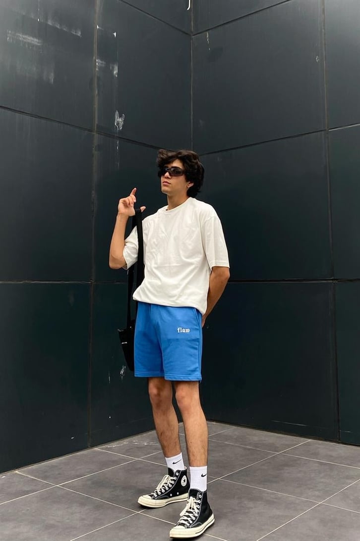 Flaw Atelier Nakışlı Saks Mavi İçi Pamuklu Outfit Şort