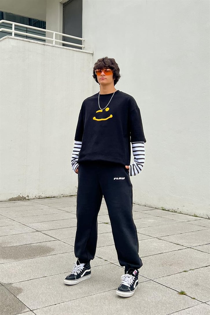 Flaw Atelier Nakışlı Siyah İçi Pamuklu Jogger Eşofman Altı