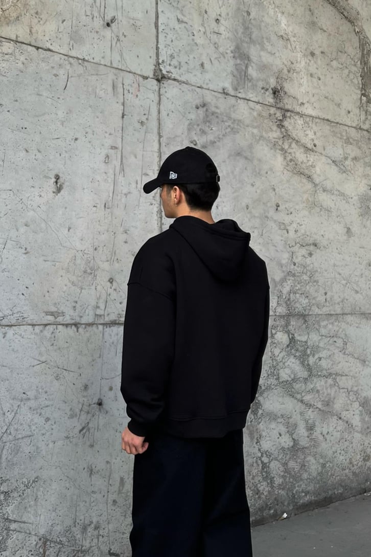 Flaw Atelier Nakışlı Siyah Oversize Zip Hoodie