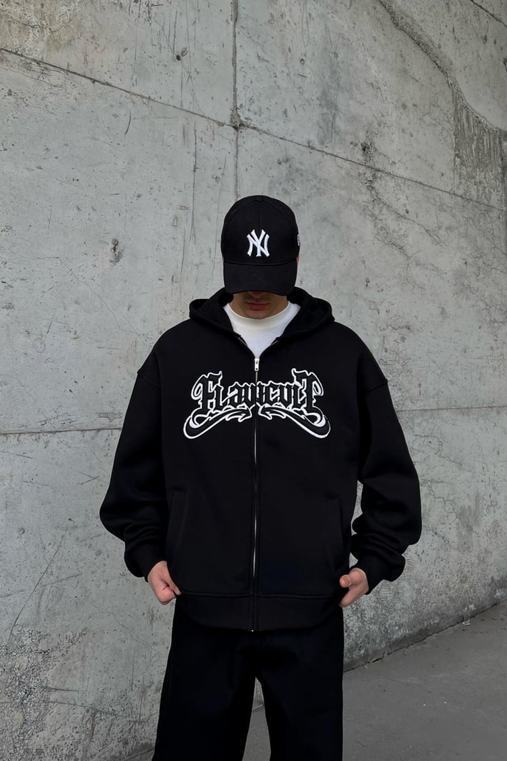 Flaw Atelier Nakışlı Siyah Oversize Zip Hoodie