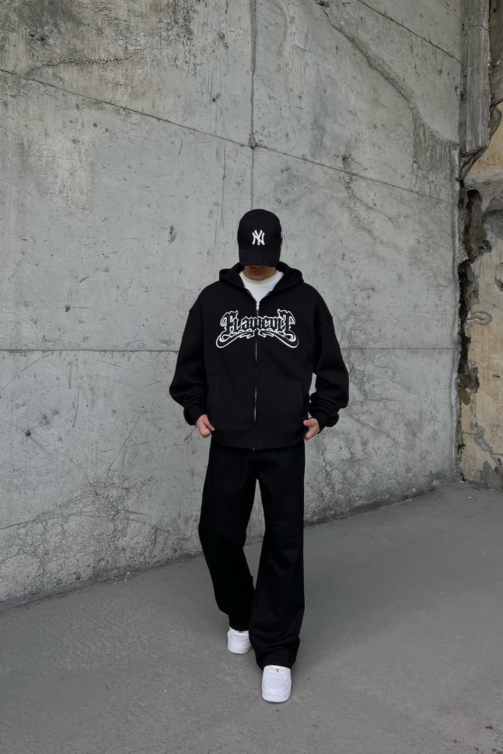 Flaw Atelier Nakışlı Siyah Oversize Zip Hoodie