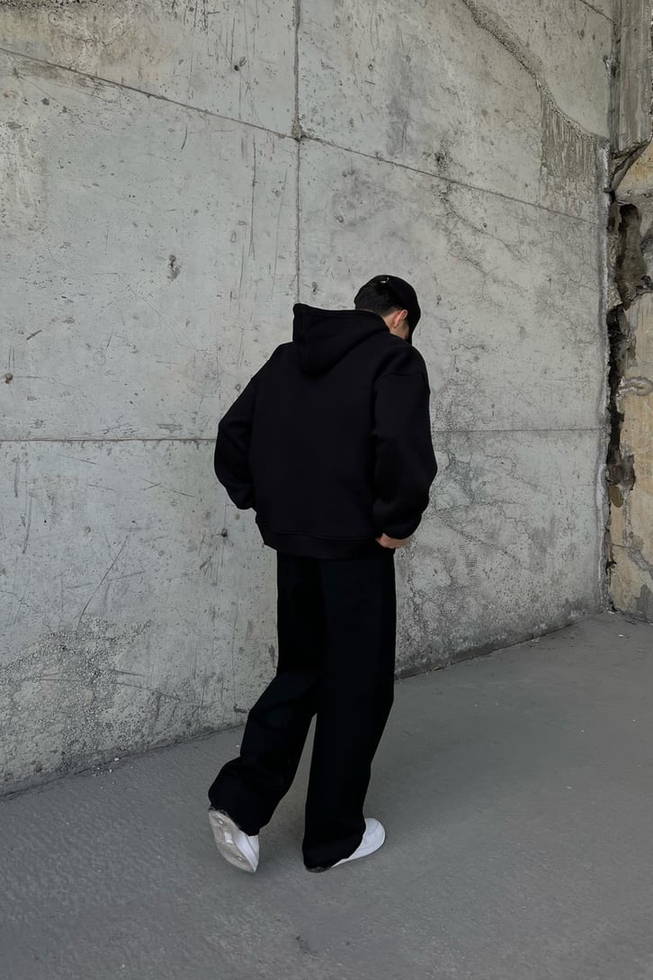 Flaw Atelier Nakışlı Siyah Oversize Zip Hoodie
